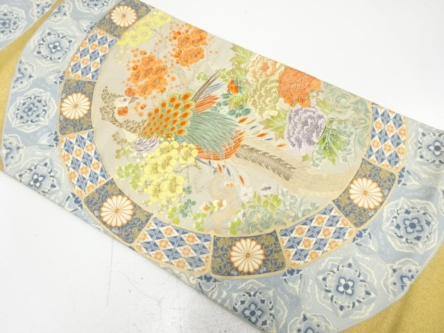 絵皿に孔雀・草花模様織り出し　袋帯